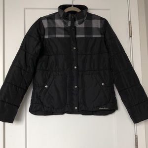 Eddie Bauer Black Puffer Jacket w/Corduroy Collar &  Buffalo Plaid Insert NWOT
